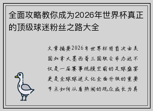 全面攻略教你成为2026年世界杯真正的顶级球迷粉丝之路大全